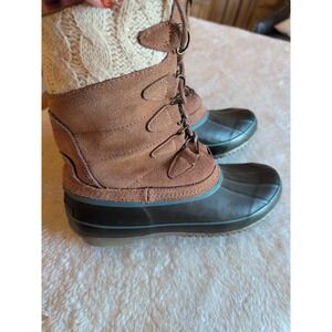 Khombu Cozy Tall Lace Up Suede Leather Knit Snow Duck Boots Tan Sz 9M Womens EUC